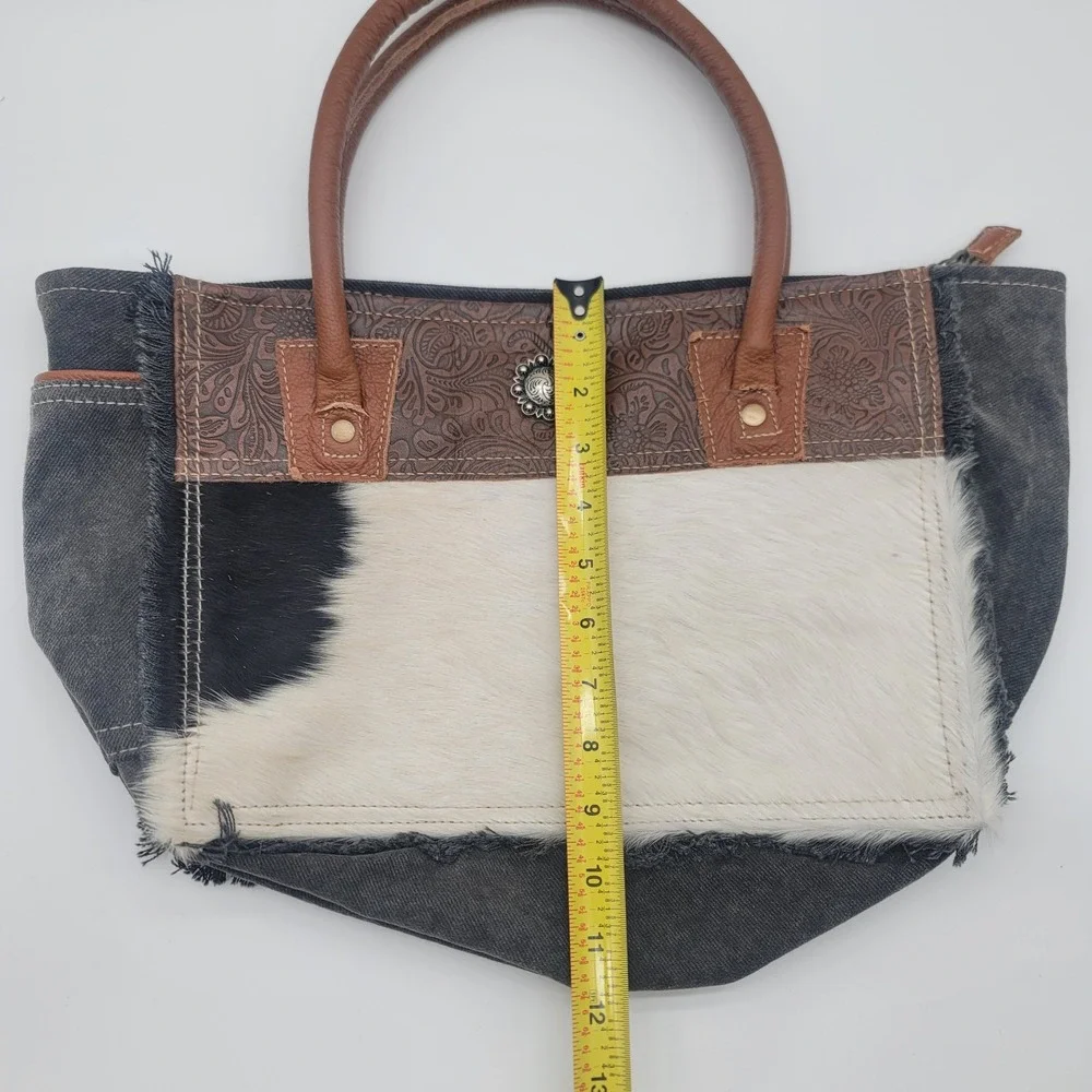 Myra Bag Cowhide Tote Purse Black Canvas Leather Western Boho Cowgirl Concho